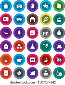White Solid Icon Set- scoop vector, washing powder, cereal, pasta, archive, binder, safe, first aid kit, cargo, no trolley, warehouse, package, search, radio, relocation truck, gift, cashbox, basket