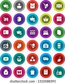 White Solid Icon Set- scoop vector, washing powder, cereal, pasta, archive, binder, safe, first aid kit, wood box, cargo, radio, mailbox, relocation truck, gift, cashbox, basket, trolley, package