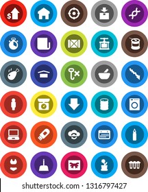 White Solid Icon Set- scoop vector, cook timer, press, chicken leg, crisis, dollar growth, man, arrow down, punching bag, swimsuite, sports nutrition, calendar, wood box, dry cargo, no hook, package