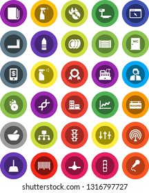 White Solid Icon Set- scoop vector, sprayer, water closet, plates, corner ruler, medal, graph, bottle, traffic light, support, wood box, big scales, music hit, antenna, newspaper, settings, dna