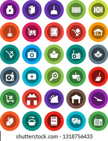 White Solid Icon Set- scoop vector, washing powder, cereal, binder, safe, first aid kit, wood box, cargo, no trolley, warehouse, search, radio, mailbox, relocation truck, gift, cashbox, basket