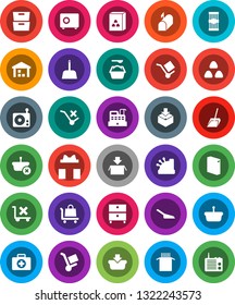 White Solid Icon Set- scoop vector, washing powder, cereal, pasta, archive, safe, first aid kit, cargo, no trolley, warehouse, package, radio, mailbox, gift, cashbox, basket
