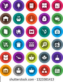 White Solid Icon Set- scoop vector, washing powder, cereal, pasta, archive, binder, first aid kit, no trolley, warehouse, cargo search, radio, mailbox, gift, basket, package