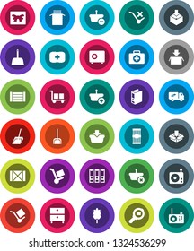White Solid Icon Set- scoop vector, cereal, pasta, archive, binder, safe, first aid kit, wood box, cargo, no trolley, package, search, radio, relocation truck, gift, basket