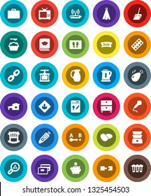 White Solid Icon Set- scoop vector, welcome mat, washing powder, kettle, towel, cook press, double boiler, cookbook, jug, potato, chicken leg, case, archive, piggy bank, flammable, route, chain, tv