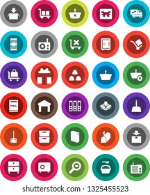 White Solid Icon Set- scoop vector, washing powder, cereal, pasta, archive, binder, safe, cargo, no trolley, warehouse, package, search, radio, mailbox, relocation truck, gift, basket