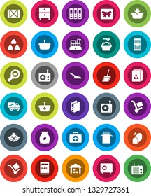 White Solid Icon Set- scoop vector, washing powder, cereal, pasta, archive, binder, safe, first aid kit, wood box, cargo, warehouse, search, radio, mailbox, relocation truck, gift, cashbox, basket