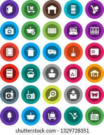 White Solid Icon Set- scoop vector, washing powder, cereal, pasta, binder, safe, first aid kit, wood box, no trolley, warehouse, package, cargo search, radio, mailbox, relocation truck, gift, basket