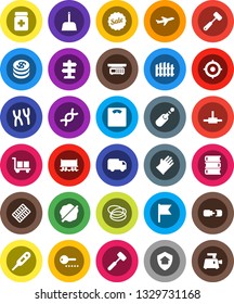 White Solid Icon Set- scoop vector, splotch, rubber glove, meat hammer, book, flag, target, scales, hoop, signpost, Railway carriage, plane, cargo, jack, thermometer, dna, pills bottle, blister