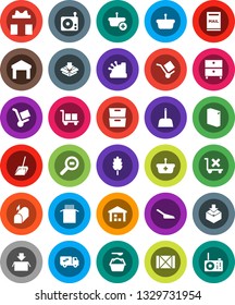 White Solid Icon Set- scoop vector, washing powder, cereal, pasta, archive, wood box, cargo, no trolley, warehouse, package, search, radio, mailbox, relocation truck, gift, cashbox, basket