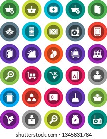 White Solid Icon Set- scoop vector, washing powder, cereal, pasta, binder, safe, first aid kit, wood box, cargo, no trolley, package, search, radio, mailbox, cashbox, basket