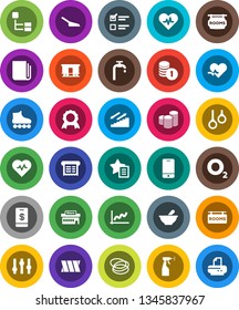 White Solid Icon Set- scoop vector, sprayer, medal, exam, graph, coin stack, heart pulse, roller Skates, stairways run, hoop, gymnast rings, oxygen, Railway carriage, newspaper, settings, mortar
