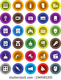 White Solid Icon Set- scoop vector, trash bin, steaming, cleaning agent, scales, rolling pin, microwave oven, blender, abacus, case, bank building, calendar, cinema clap, microphone, satellitie, fan