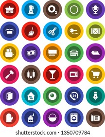 White Solid Icon Set- scoop vector, camping cauldron, cook glove, meat hammer, hand mill, toaster, pen, university, scissors, cart, japanese candle, cash, percent growth, binder, hoop, oxygen, glass