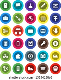 White Solid Icon Set- scoop vector, iron, skimmer, jug, case, calculator, compass, flag, measuring, scales, calendar, no hook, sorting, microphone, satellitie, gamepad, battery, thermometer, stop