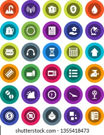 White Solid Icon Set- scoop vector, water drop, house hold, tap, kettle, table lamp, personal information, dollar coin, calculator, sand clock, arrow up, fitness mat, no fastfood, hoop, package, fan