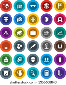 White Solid Icon Set- scoop vector, sponge, trash bin, garbage pile, knife, jug, atom, calculator, medal, graph, japanese candle, case, auction, bank building, binder, dollar flag, skateboard, pool