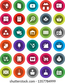 White Solid Icon Set- scoop vector, washing powder, cereal, archive, safe, first aid kit, wood box, cargo, no trolley, warehouse, package, search, radio, mailbox, gift, cashbox, basket