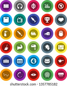 White Solid Icon Set- scoop vector, iron, sprayer, shining window, blender, award cup, constellation, scales, weight, muscule hand, target, heart monitor, no alcohol sign, earth, calendar, tv, eye
