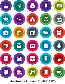 White Solid Icon Set- scoop vector, washing powder, cereal, pasta, archive, binder, safe, first aid kit, wood box, cargo, no trolley, warehouse, package, search, radio, relocation truck, gift