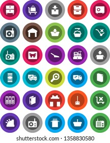 White Solid Icon Set- scoop vector, washing powder, pasta, archive, binder, safe, no trolley, warehouse, package, cargo search, radio, relocation truck, gift, cashbox, basket