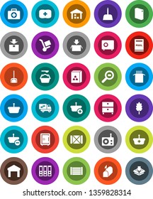 White Solid Icon Set- scoop vector, washing powder, cereal, pasta, archive, binder, safe, first aid kit, wood box, warehouse, package, cargo search, radio, mailbox, relocation truck, basket, trolley