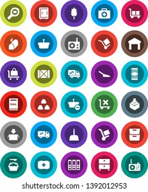 White Solid Icon Set- scoop vector, washing powder, cereal, pasta, archive, binder, safe, first aid kit, wood box, cargo, no trolley, warehouse, package, search, radio, mailbox, relocation truck