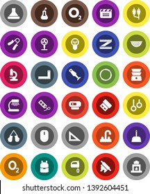 White Solid Icon Set- scoop vector, water tap, colander, rolling pin, mixer, double boiler, blender, corner ruler, backpack, table lamp, measuring, hand trainer, boxing glove, hoop, gymnast rings