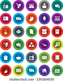 White Solid Icon Set- scoop vector, washing powder, cereal, pasta, archive, binder, safe, wood box, cargo, search, radio, mailbox, relocation truck, cashbox, basket, trolley, package