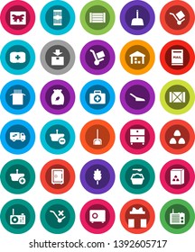 White Solid Icon Set- scoop vector, washing powder, cereal, pasta, archive, safe, first aid kit, wood box, cargo, no trolley, warehouse, package, mailbox, relocation truck, gift, basket, radio