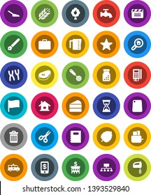 White Solid Icon Set- scoop vector, trash bin, water tap, measuring cup, skimmer, cutting board, toaster, steak, cake, copybook, pen, scissors, flag, leaf, case, bank building, sand clock, hierarchy