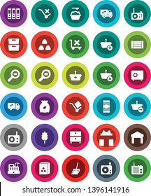 White Solid Icon Set- scoop vector, washing powder, cereal, pasta, archive, binder, safe, wood box, cargo, no trolley, warehouse, search, radio, relocation truck, gift, cashbox, basket