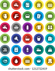 White Solid Icon Set- scraper vector, water tap, bucket, sponge, drop, foam basin, closet, kettle, measuring cup, jug, bottle, pool, pond, bath, heating, dishwasher, double boiler