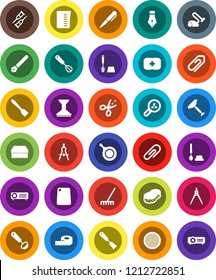 White Solid Icon Set- scraper vector, rake, sponge, car fetlock, toilet brush, pan, measuring cup, whisk, spatula, ladle, cutting board, sieve, pen, drawing compass, first aid kit, crutches, coupon