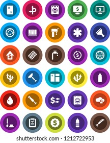 White Solid Icon Set- scraper vector, water drop, window cleaning, toilet brush, shining, exchange, dollar growth, medal, monitor, bottle, route, internet, ambulance star, pills blister, cloud lock