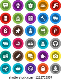 White Solid Icon Set- scraper vector, water tap, foam basin, hand mill, grater, mixer, alarm clock, paper pin, scissors, bike, weight, route, camera, microphone, dialog, headphones, microbs, message