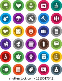 White Solid Icon Set- scraper vector, trash bin, cleaning agent, rubber glove, towel, mixer, potato, telescope, alarm clock, flask, bank building, man, safe, clipboard, stadium, satellite, umbrella