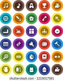 White Solid Icon Set- scraper vector, vacuum cleaner, plates, shining window, woman, cook timer, ladle, cookbook, jug, corner ruler, backpack, music, calendar, glass, protected, cargo search, dna