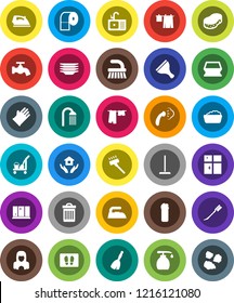 White Solid Icon Set- scraper vector, cleaner trolley, broom, vacuum, fetlock, mop, sponge, trash bin, water tap, car, welcome mat, iron, steaming, drying clothes, foam basin, liquid soap, plates