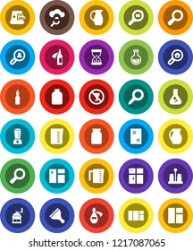 White Solid Icon Set- scraper vector, window cleaning, shining, measuring cup, hand mill, spices, jug, jar, oil, magnifier, flask, no alcohol sign, cargo search, sand clock, potion, cloud glass