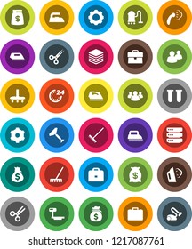 White Solid Icon Set- scraper vector, vacuum cleaner, rake, iron, steaming, case, money bag, big scales, group, vial, scissors, data, gear, 24 hour