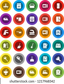 White Solid Icon Set- scraper vector, broom, water tap, vacuum cleaner, fetlock, scoop, sponge, iron, drying clothes, washer, sink, kettle, microwave oven, fridge, dishwasher