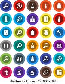 White Solid Icon Set- scraper vector, window cleaning, oil, measuring cup, hand mill, spices, jug, jar, magnifier, no alcohol sign, cargo search, flask, vial, sand clock, potion, estate, client
