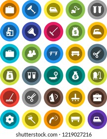White Solid Icon Set- scraper vector, vacuum cleaner, rake, iron, steaming, student, case, money bag, horizontal bar, big scales, group, vial, scissors, gear, bench