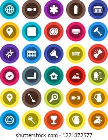 White Solid Icon Set- scraper vector, vacuum cleaner, cleaning agent, plates, ladle, jug, corner ruler, calendar, glass, protected, cargo search, internet, pause button, ambulance star, dna, pin