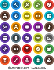 White Solid Icon Set- scraper vector, vacuum cleaner, window cleaning, shining, woman, colander, cook timer, cookbook, corner ruler, backpack, music, exchange, enegry drink, glass, protected, dna