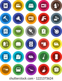 White Solid Icon Set- scraper vector, broom, water tap, vacuum cleaner, fetlock, scoop, sponge, iron, steaming, drying clothes, washer, pan, kettle, colander, microwave oven, fridge, dishwasher