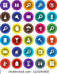 White Solid Icon Set- scraper vector, window cleaning, shining, hand mill, spices, jug, jar, magnifier, flask, no alcohol sign, glass, vial, sand clock, potion, cloud, search estate, client, blender