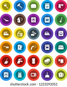 White Solid Icon Set- scraper vector, broom, water tap, vacuum cleaner, fetlock, scoop, sponge, iron, steaming, drying clothes, washer, sink, kettle, grater, fridge, dishwasher, microwave oven