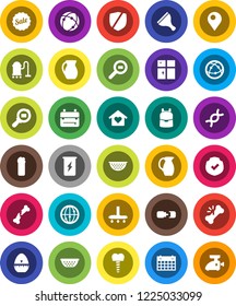 White Solid Icon Set- scraper vector, vacuum cleaner, cleaning agent, shining window, colander, cook timer, jug, backpack, enegry drink, calendar, protected, cargo search, internet, dna, broken bone